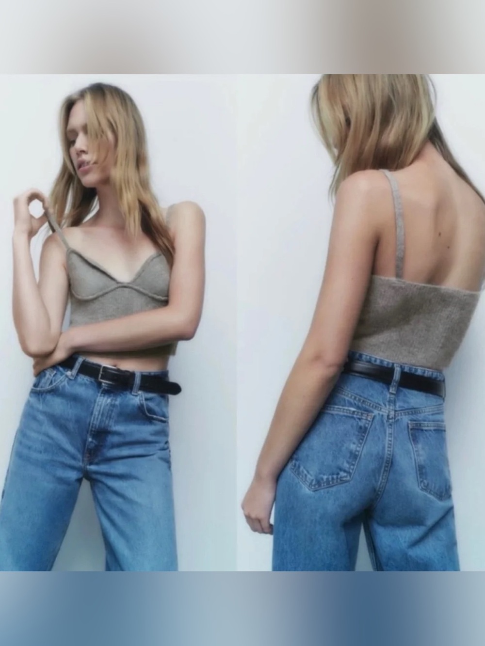 Zara Knit Bustier Camisole Grey Ribbed Spaghetti Strap Top Size L NWT